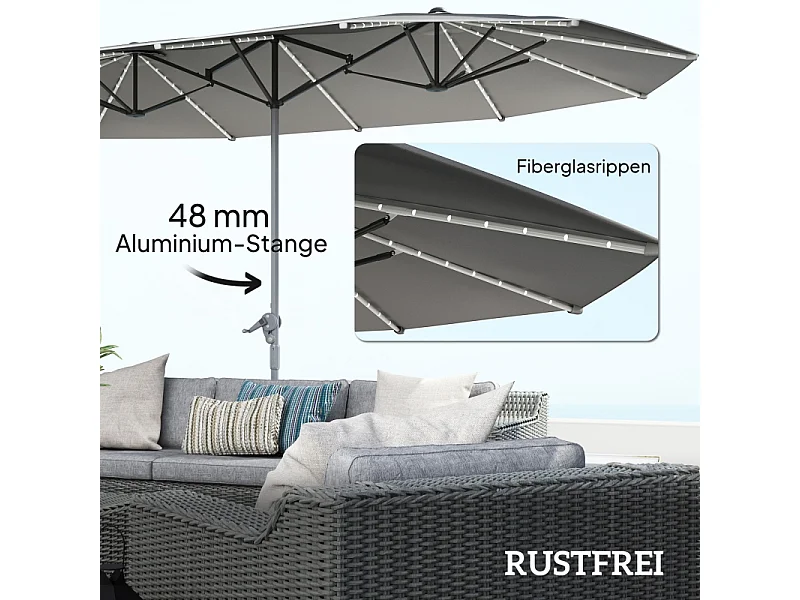 Dubbele parasol met solar LED's, polyester, aluminium, donkergrijs (451x267x249 cm)