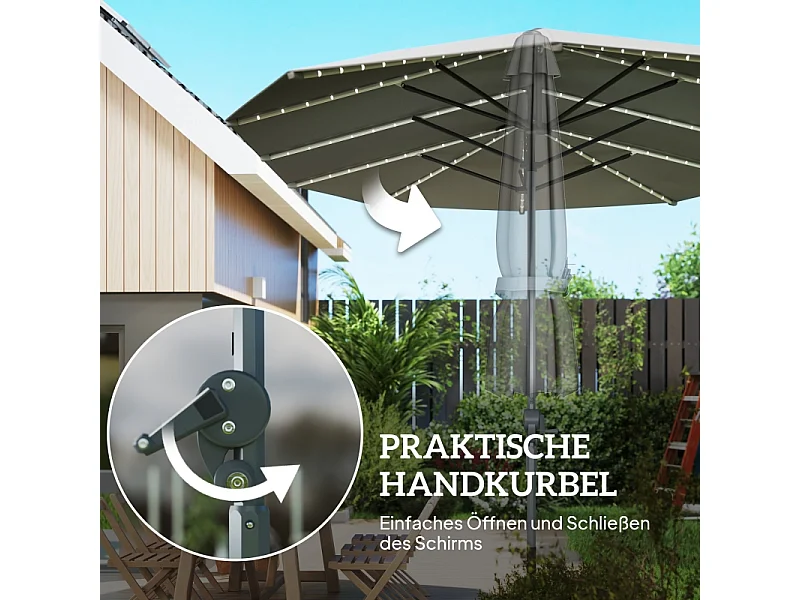 Dubbele parasol met solar LED's, polyester, aluminium, donkergrijs (451x267x249 cm)