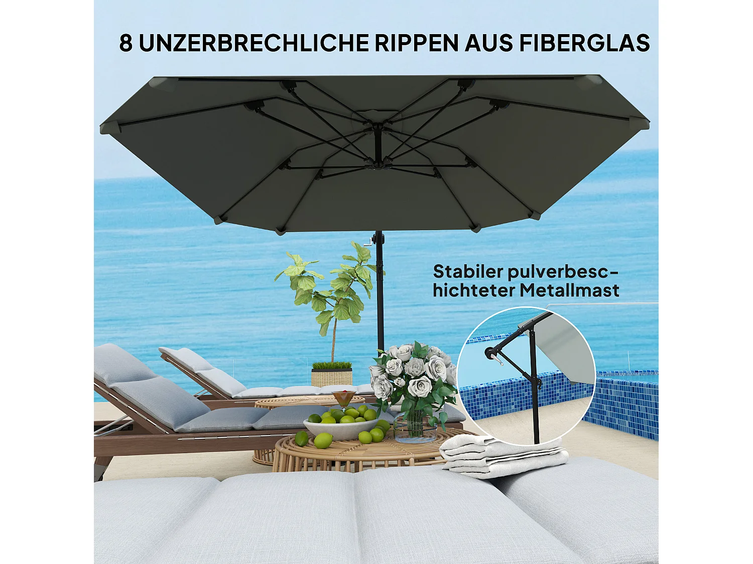 Zwenkbare parasol met slinger, UV-bescherming 50+, polyester, donkergrijs (304x260x245 cm)