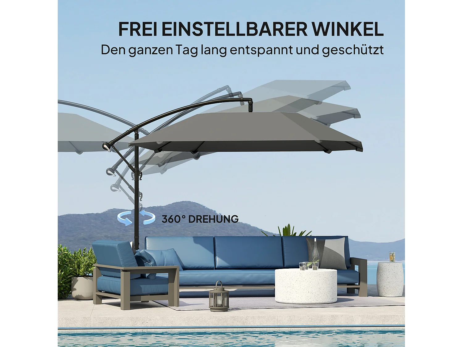 Zwenkbare parasol met slinger, UV-bescherming 50+, polyester, donkergrijs (304x260x245 cm)
