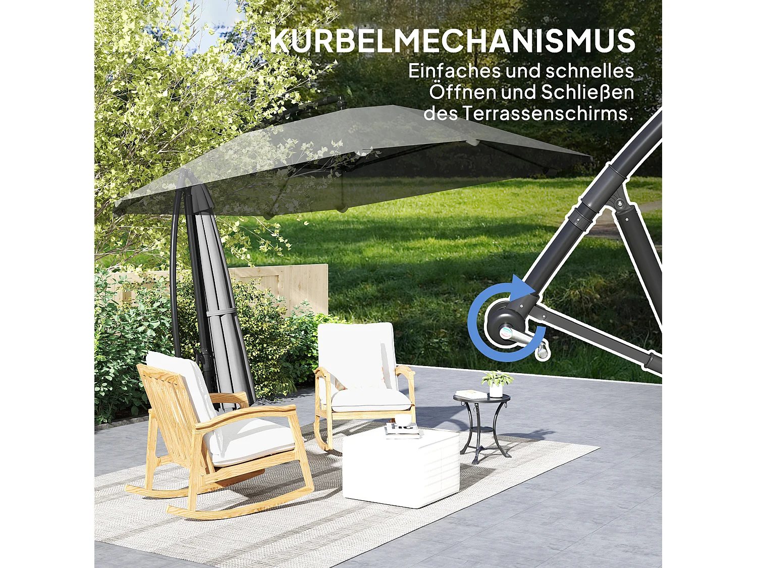 Zwenkbare parasol met slinger, UV-bescherming 50+, polyester, donkergrijs (304x260x245 cm)