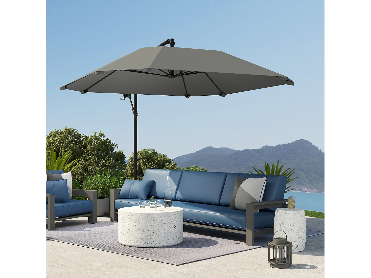 Zwenkbare parasol met slinger, UV-bescherming 50+, polyester, donkergrijs (304x260x245 cm)