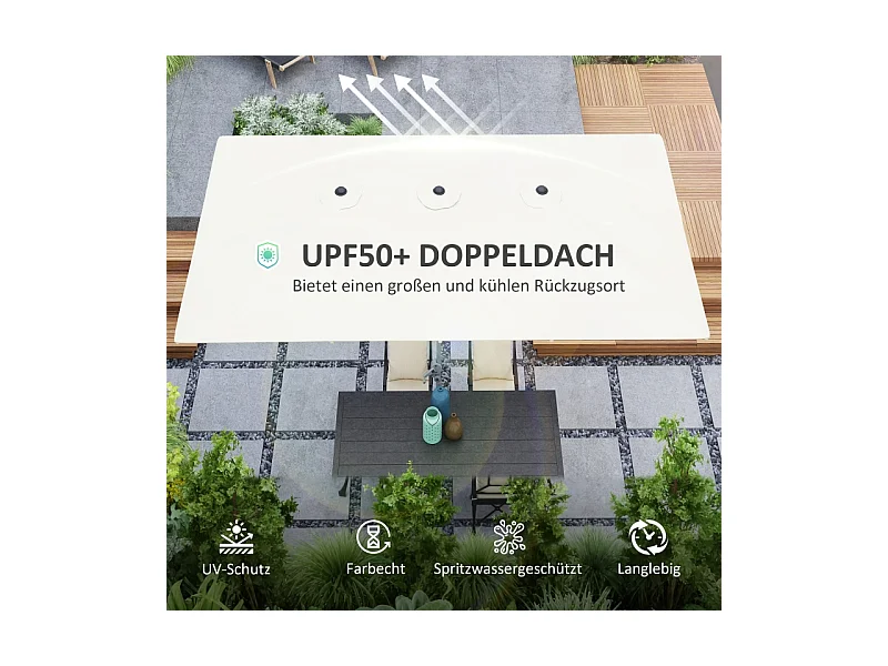 Dubbele parasol met slinger, UV-bescherming 50+, aluminium, crème (451x264x264 cm)