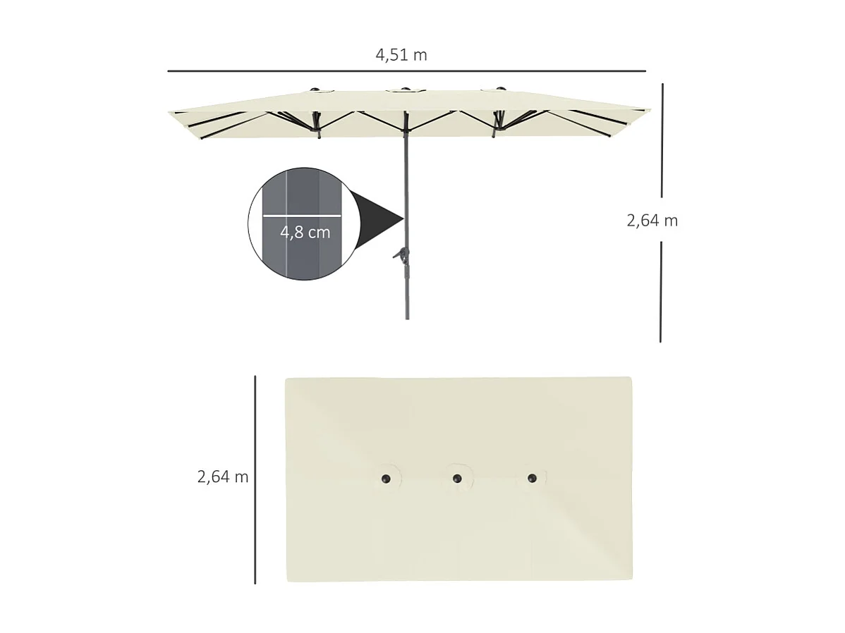Parasol double avec manivelle, protection UV 50+, aluminium, crème (451x264x264 cm)