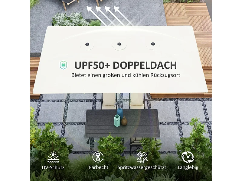 Parasol double avec manivelle, protection UV 50+, aluminium, crème (451x264x264 cm)