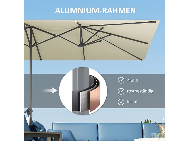 Parasol double avec manivelle, protection UV 50+, aluminium, crème (451x264x264 cm)
