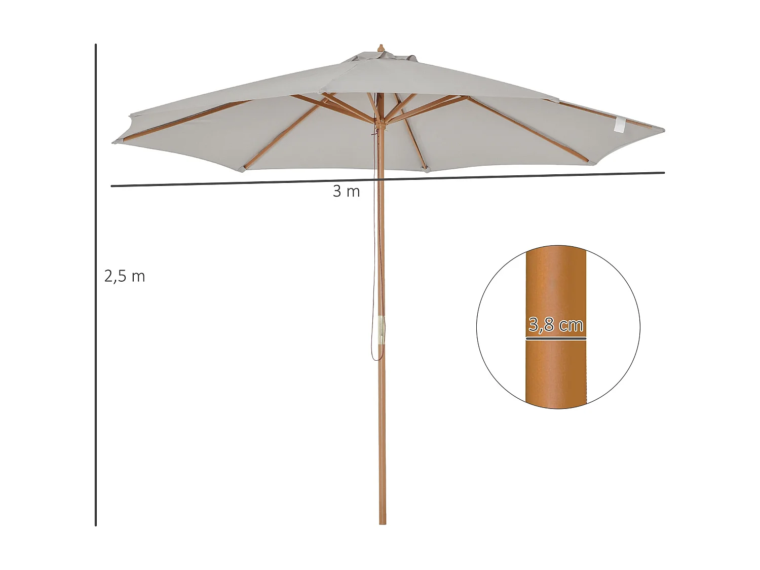 Houten, bamboe, grijze parasol (300x300x250 cm)