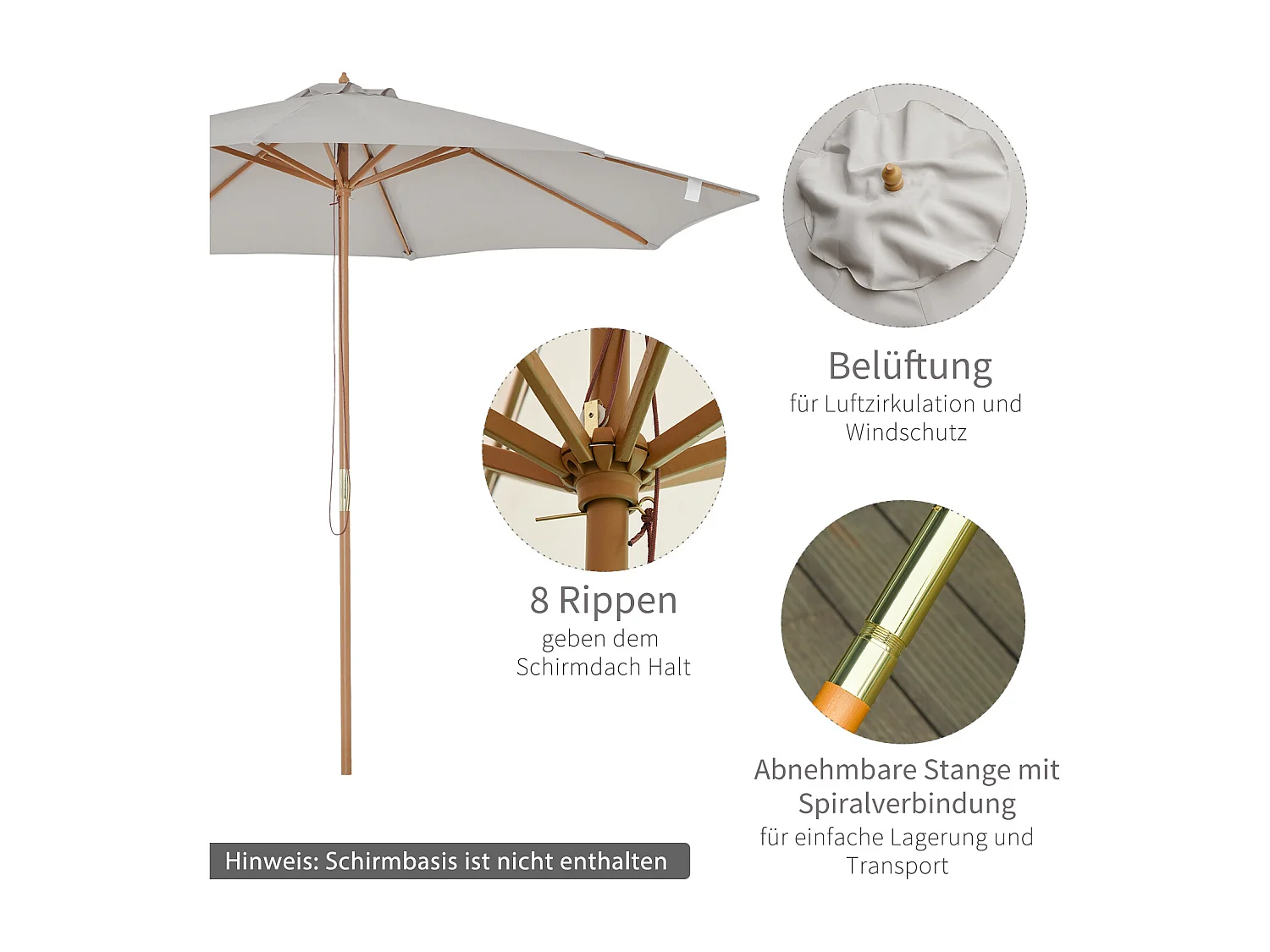 Houten, bamboe, grijze parasol (300x300x250 cm)