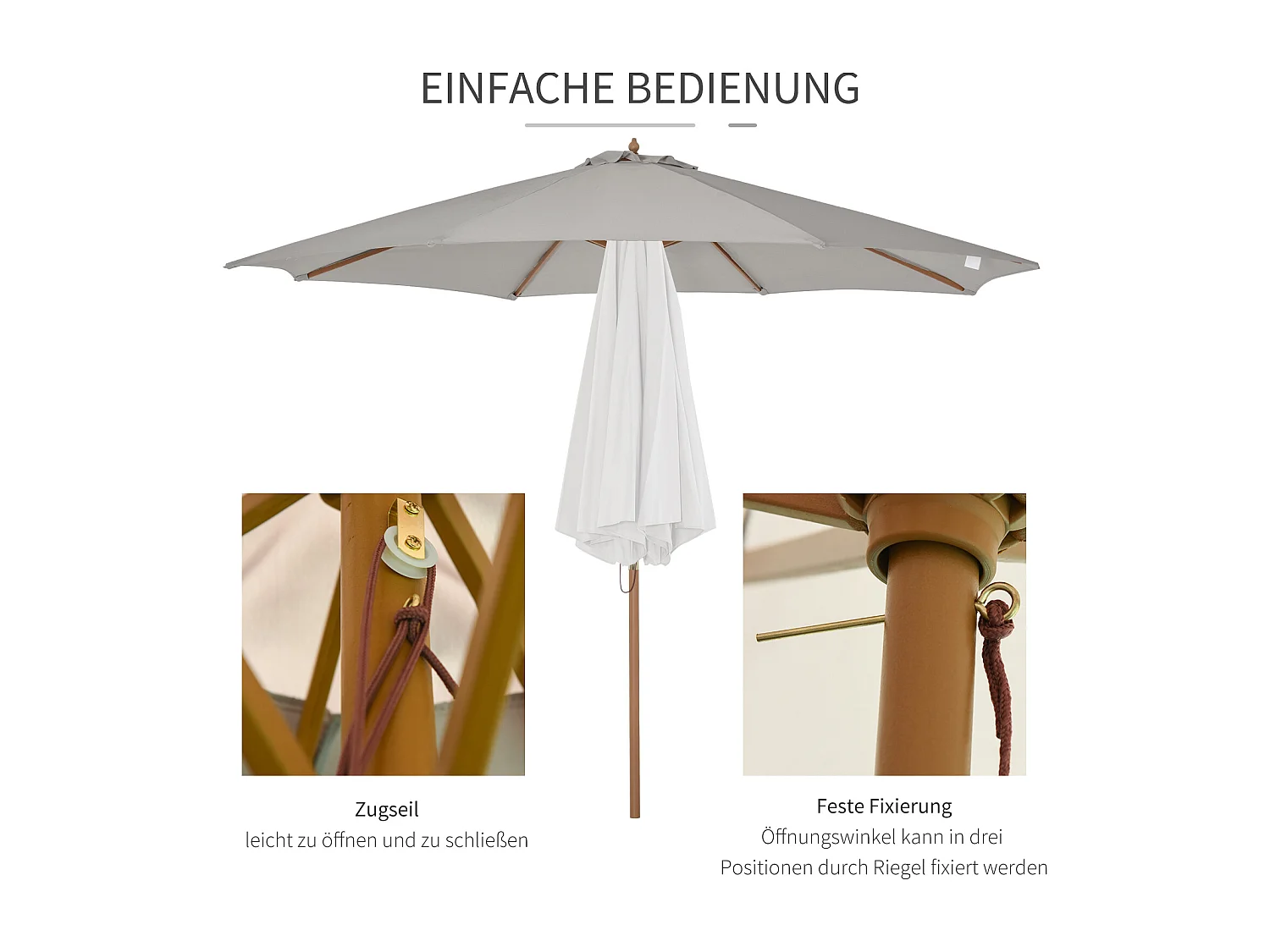 Houten, bamboe, grijze parasol (300x300x250 cm)