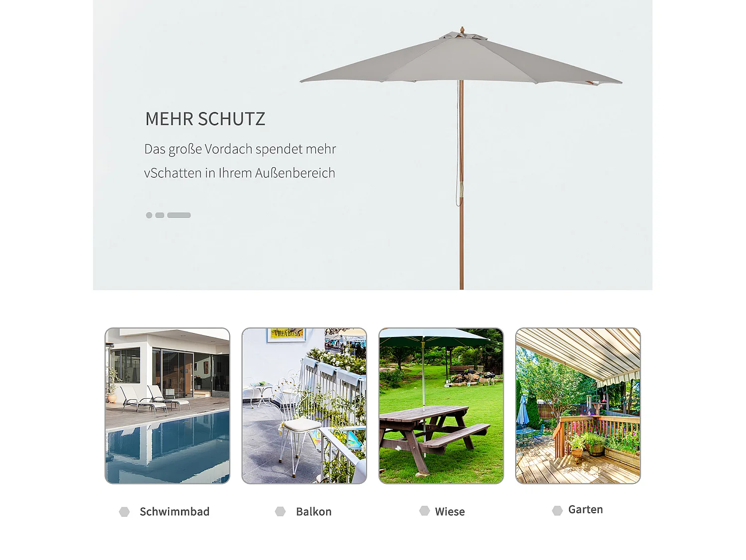 Houten, bamboe, grijze parasol (300x300x250 cm)