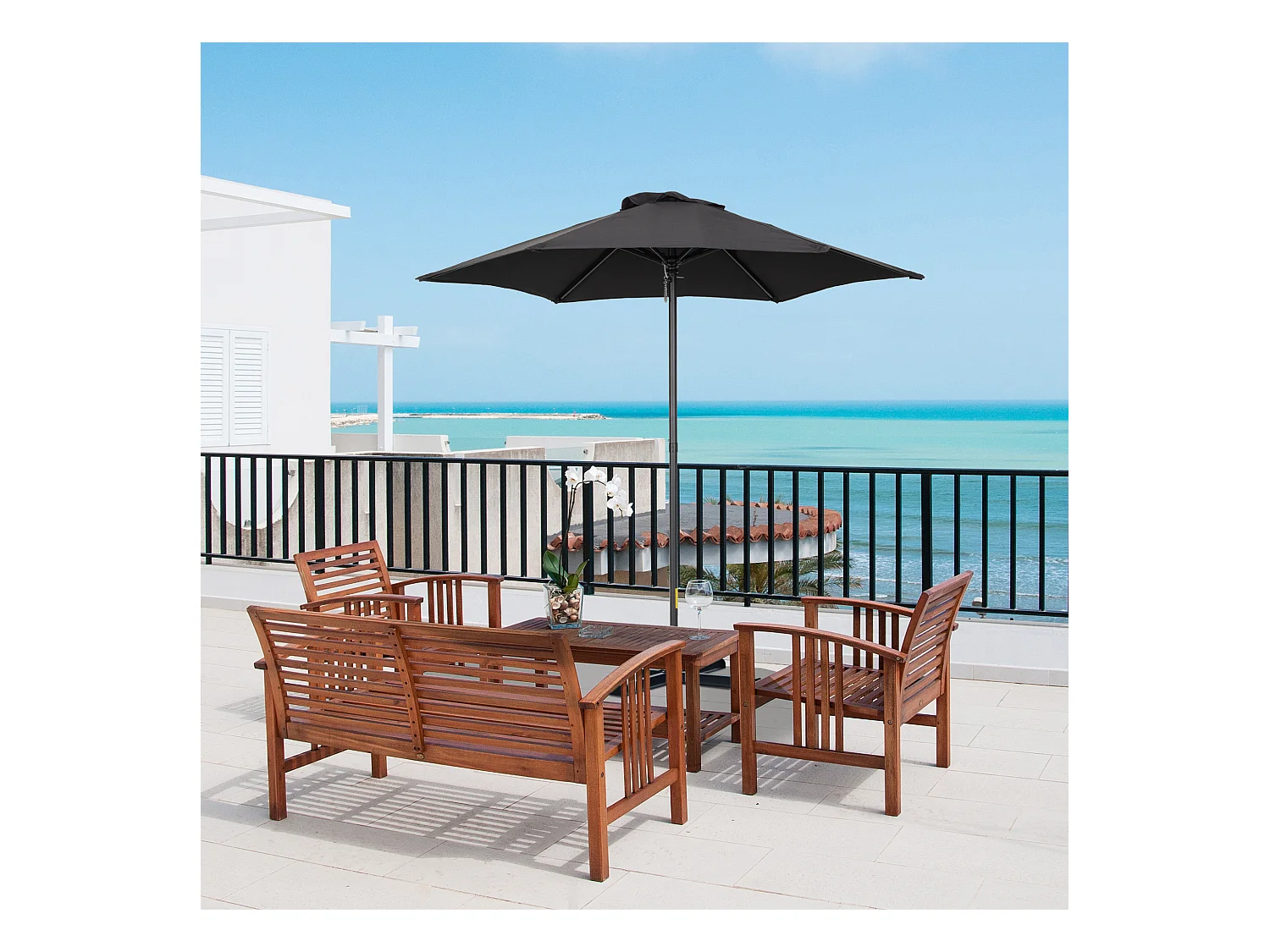 Achthoekige draaibare parasol met kantelfunctie, aluminium frame, zwart (Ø196x196x204 cm)