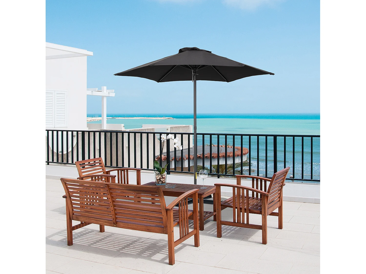 Achthoekige draaibare parasol met kantelfunctie, aluminium frame, zwart (Ø196x196x204 cm)