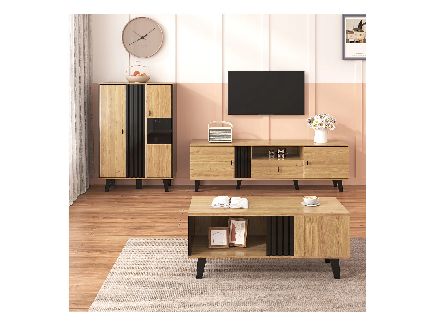 3-teiliges Wohnzimmermöbel-Set - Couchtisch + TV-Ständer + Sideboard - mit Stauraum - Spanplatte - Natur