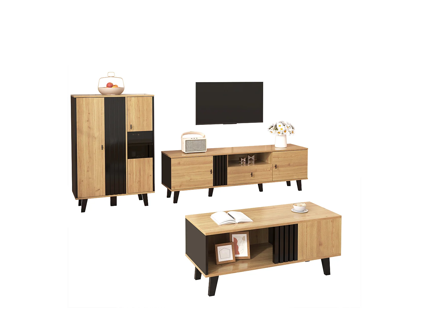 Ensemble de meubles de salon 3 pièces – table basse + meuble TV + buffet - avec rangement - aggloméré - naturel