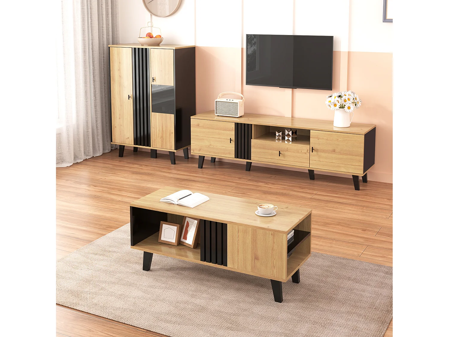 Ensemble de meubles de salon 3 pièces – table basse + meuble TV + buffet - avec rangement - aggloméré - naturel