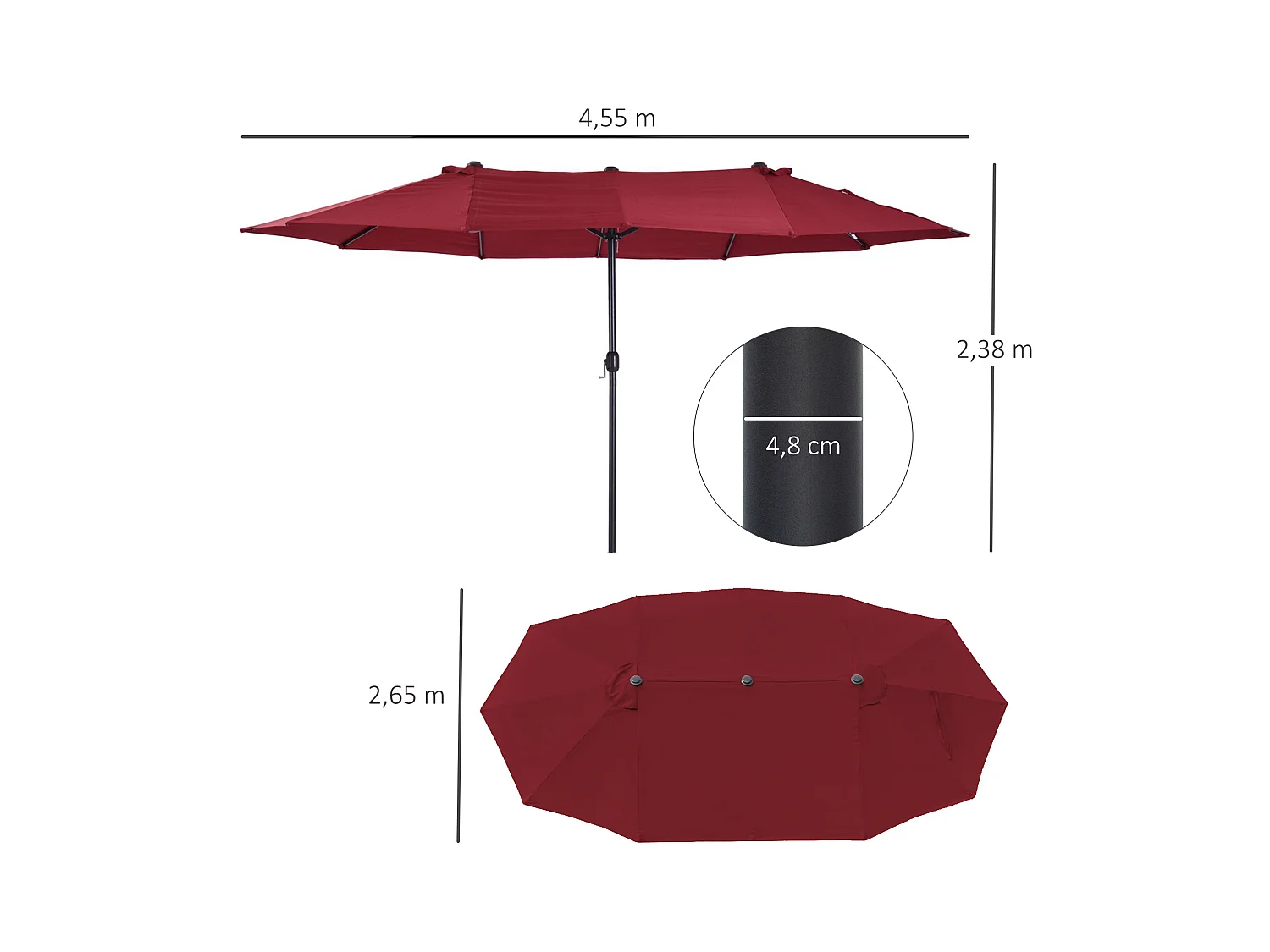 Dubbele parasol, 455x270 cm, met slinger, polyester, staal, wijnrood (460x270x240 cm)
