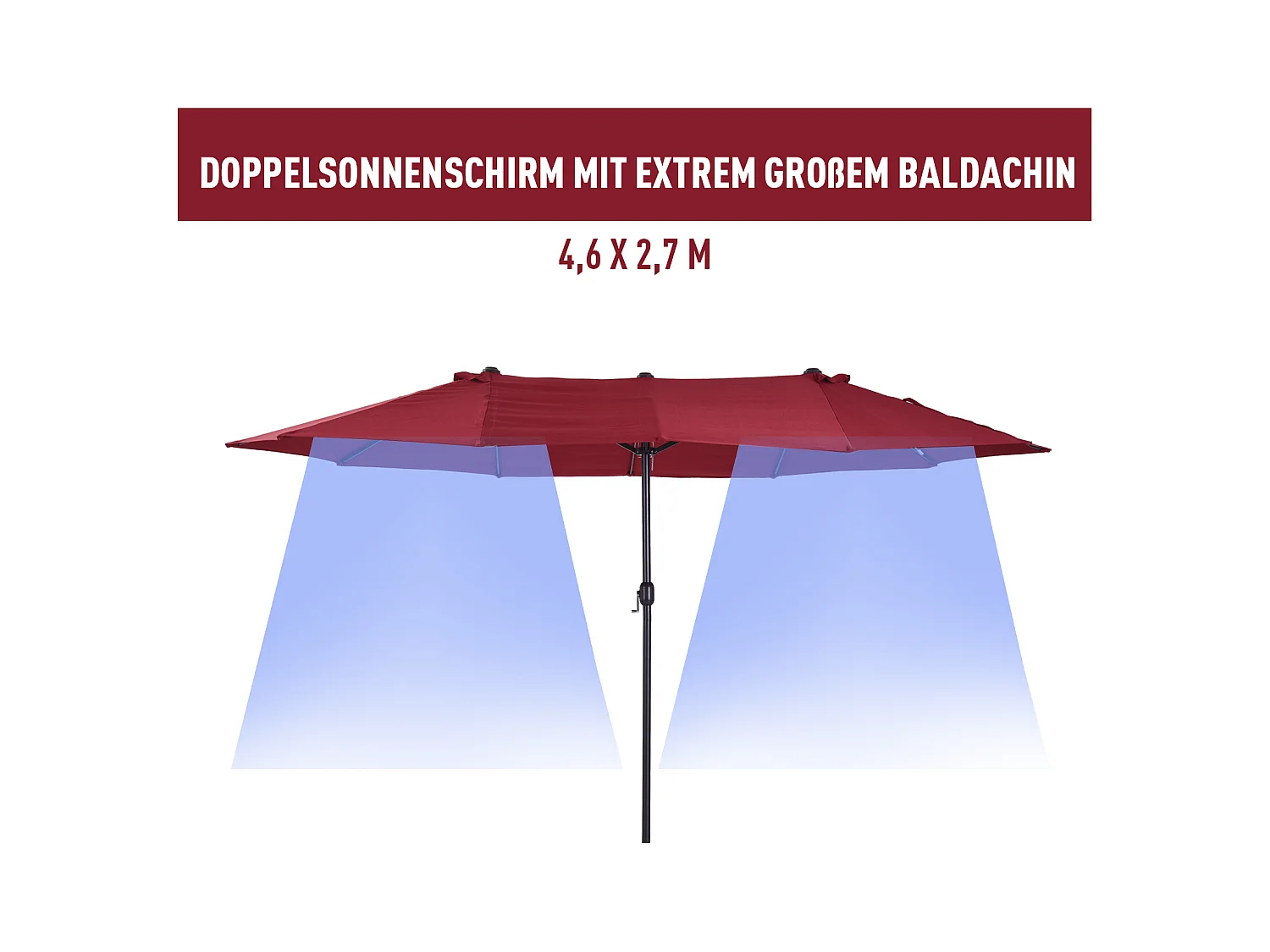Dubbele parasol, 455x270 cm, met slinger, polyester, staal, wijnrood (460x270x240 cm)