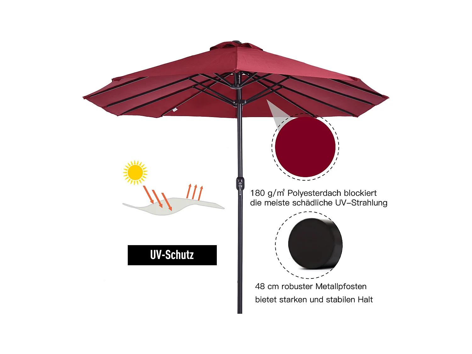 Dubbele parasol, 455x270 cm, met slinger, polyester, staal, wijnrood (460x270x240 cm)