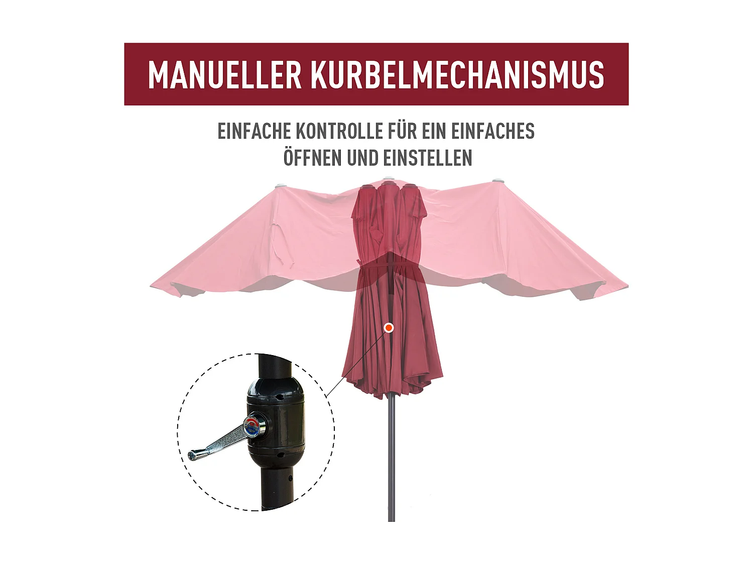 Dubbele parasol, 455x270 cm, met slinger, polyester, staal, wijnrood (460x270x240 cm)
