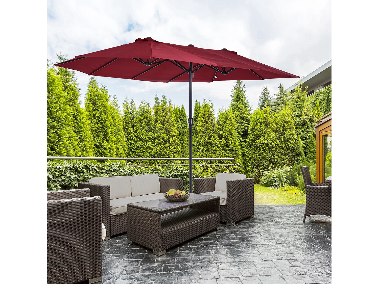 Parasol double, 455x270 cm, avec manivelle, polyester, acier, rouge vin (460x270x240 cm)