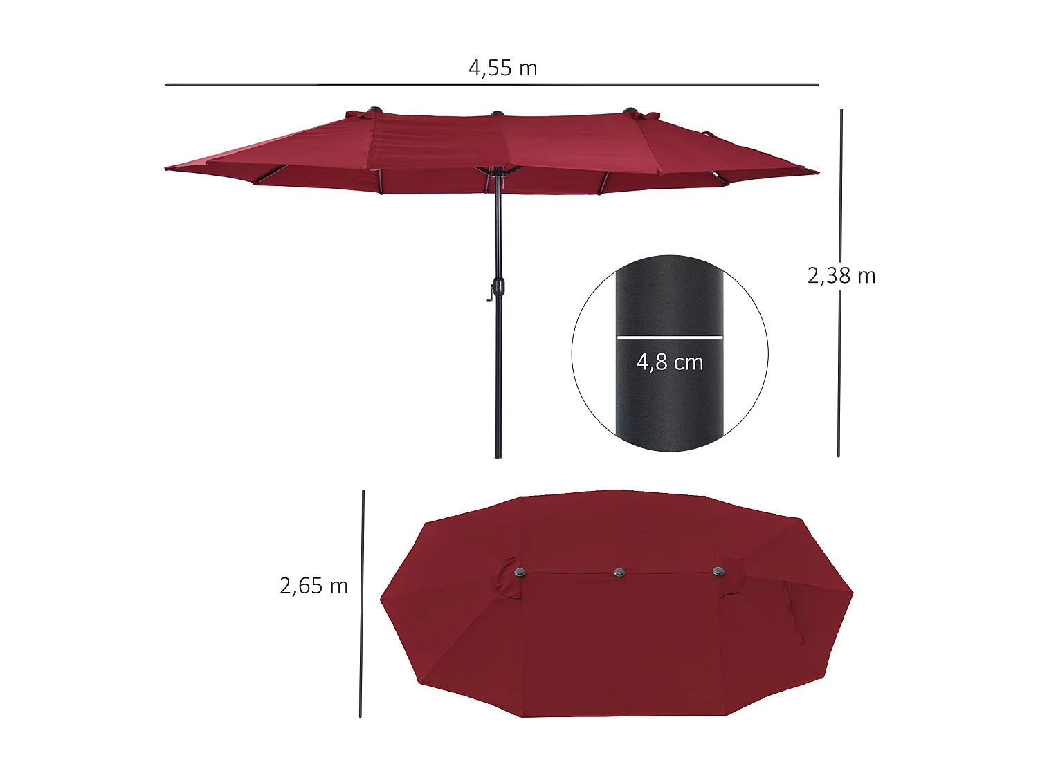 Parasol double, 455x270 cm, avec manivelle, polyester, acier, rouge vin (460x270x240 cm)