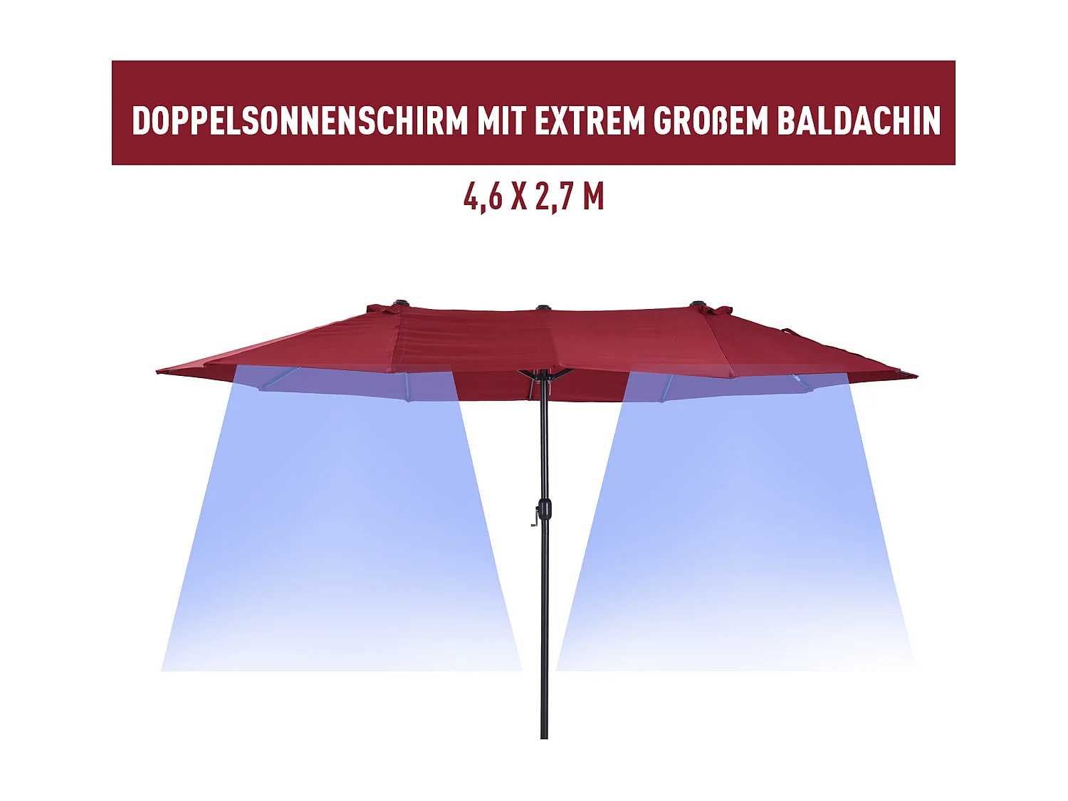 Parasol double, 455x270 cm, avec manivelle, polyester, acier, rouge vin (460x270x240 cm)