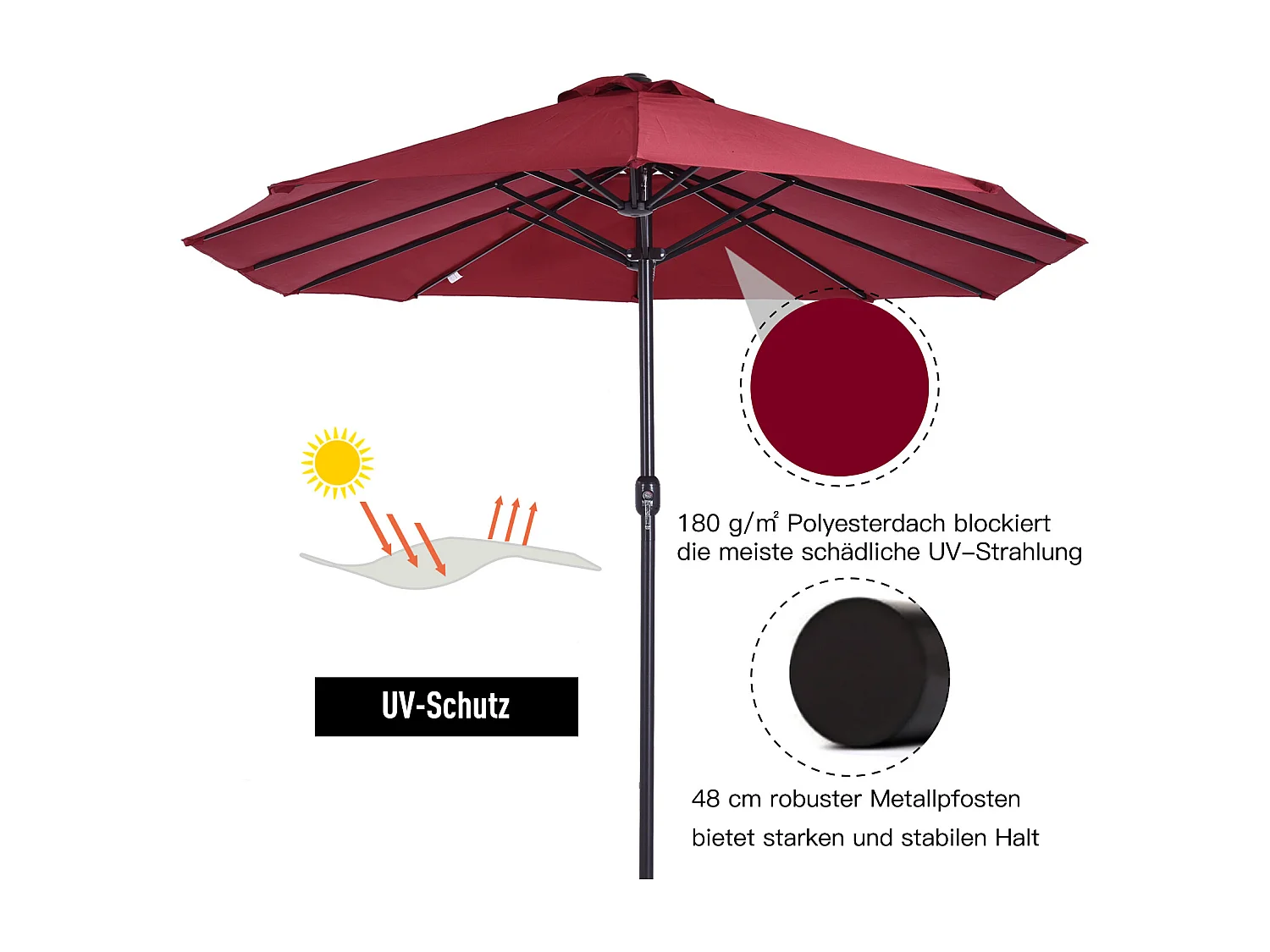Parasol double, 455x270 cm, avec manivelle, polyester, acier, rouge vin (460x270x240 cm)