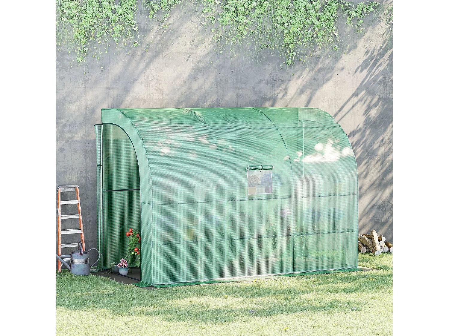 Tuinkas met planken en ramen, versterkte kunststof kas, staal, groen, monteerbaar, voor balkon, tuin, tomaten en planten (300x150x213 cm)