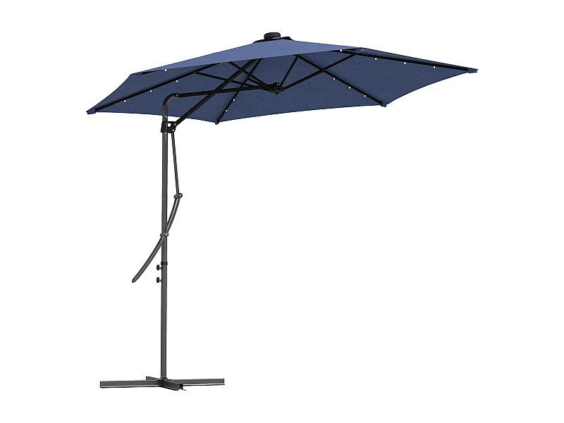 Zonne-zweefparasol met LED, staal, donkerblauw, Ø290x260 cm, met gekruiste voet (55-60 kg)