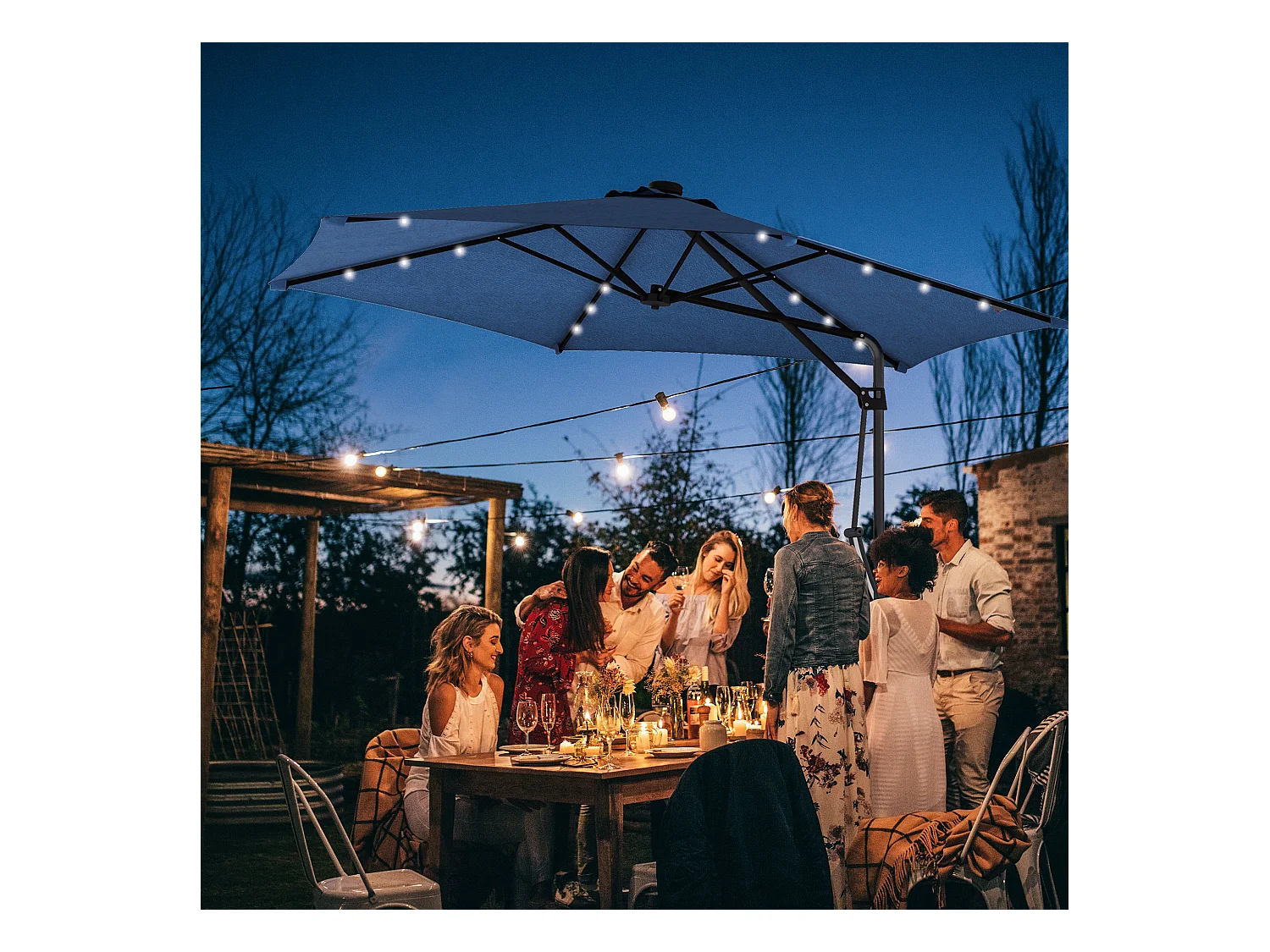 Zonne-zweefparasol met LED, staal, donkerblauw, Ø290x260 cm, met gekruiste voet (55-60 kg)