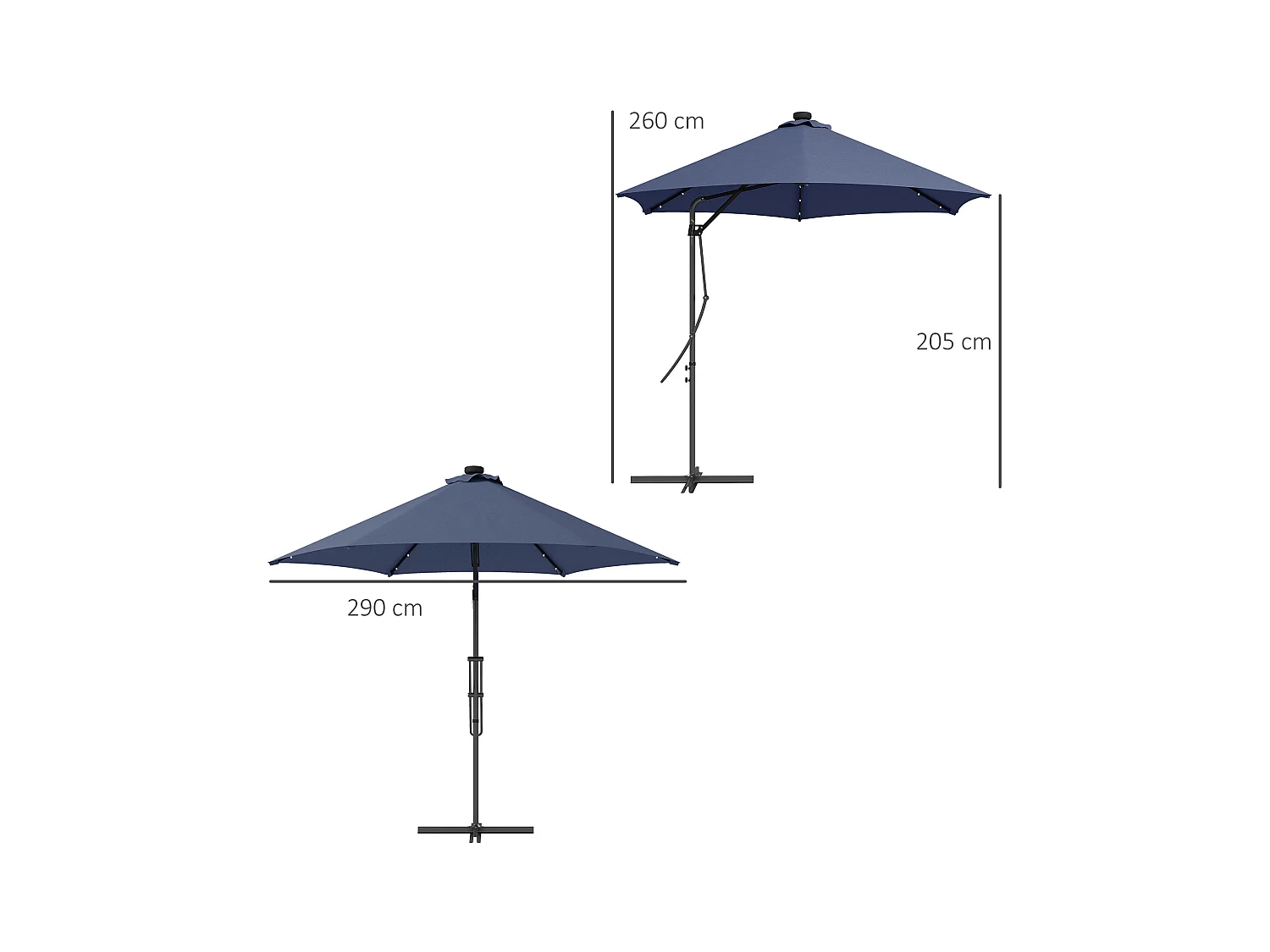 Zonne-zweefparasol met LED, staal, donkerblauw, Ø290x260 cm, met gekruiste voet (55-60 kg)