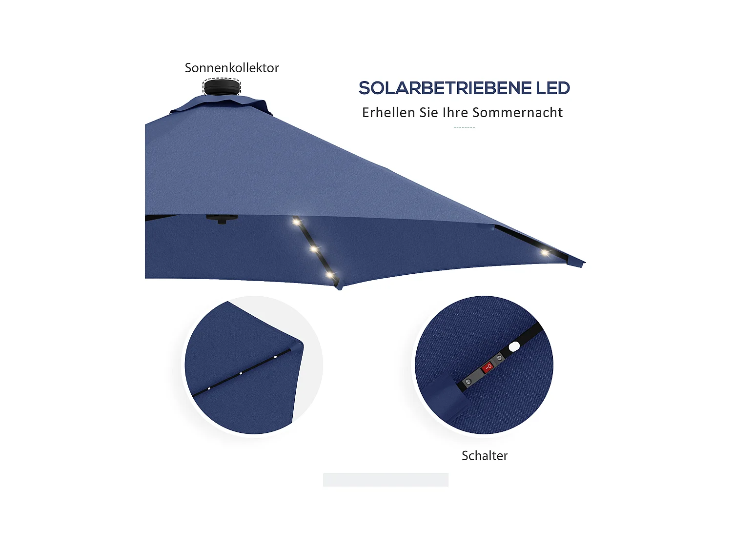 Zonne-zweefparasol met LED, staal, donkerblauw, Ø290x260 cm, met gekruiste voet (55-60 kg)