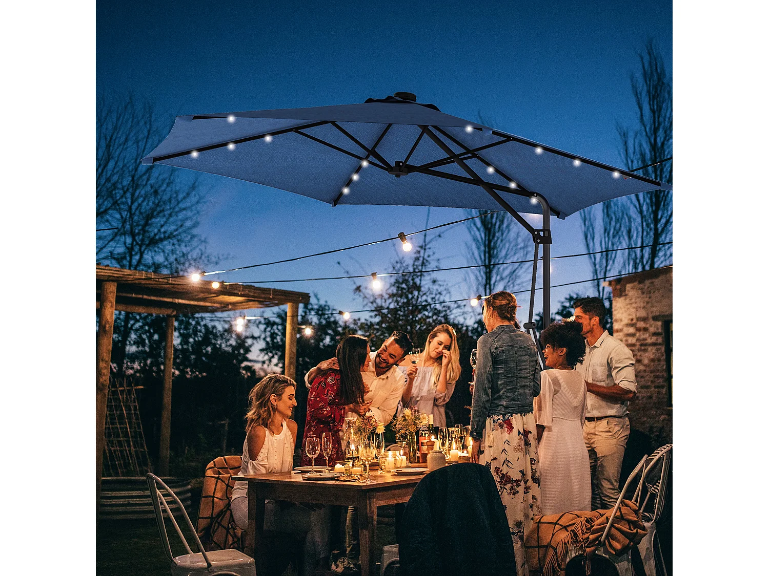 Parasol solar voladizo con LED, acero, azul oscuro, Ø290x260 cm, con base en cruz (55-60 kg)