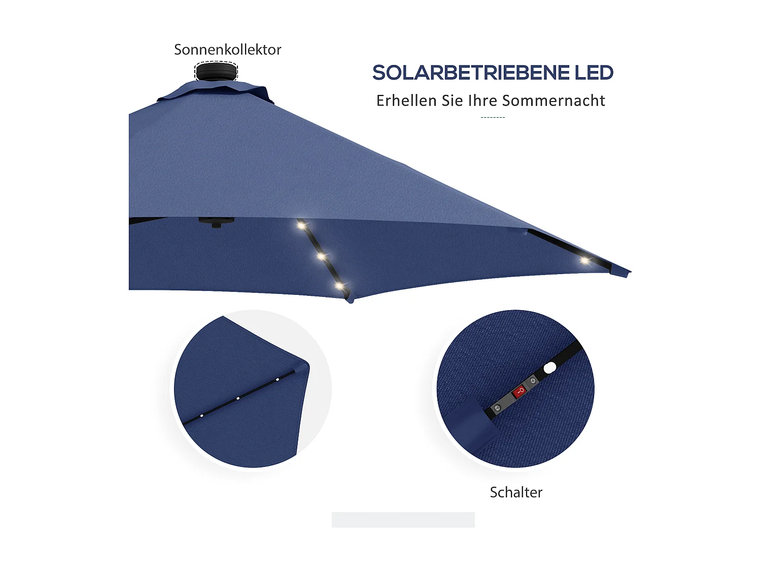 Parasol solar voladizo con LED, acero, azul oscuro, Ø290x260 cm, con base en cruz (55-60 kg)