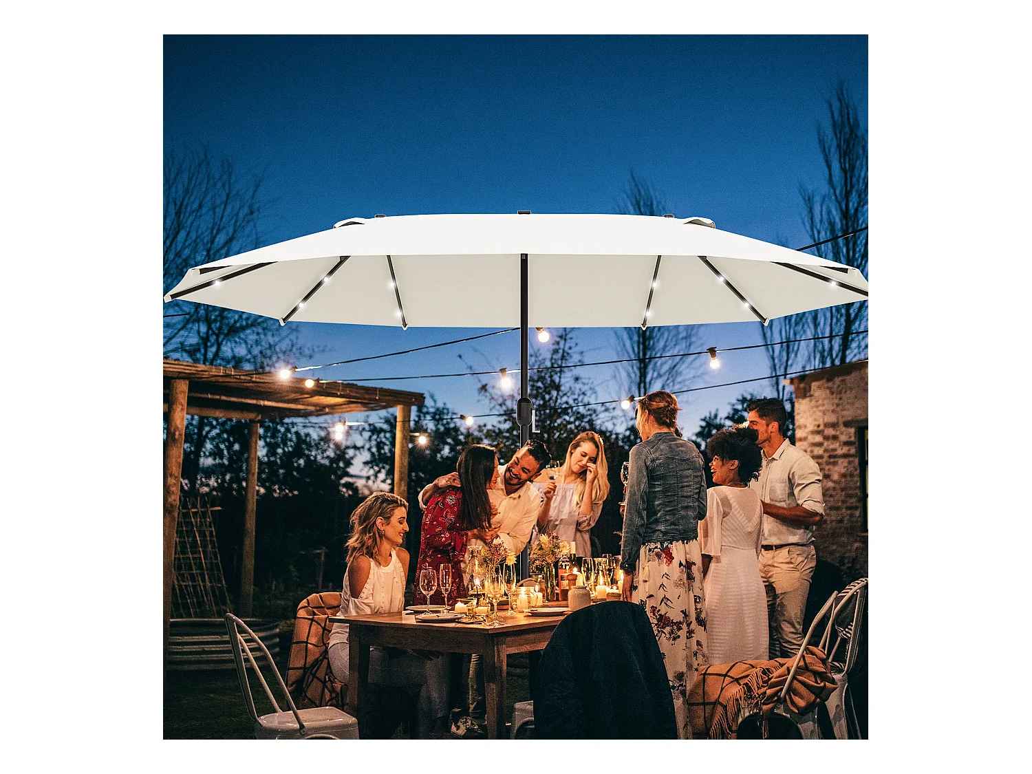 Dubbele parasol met solar LED, slinger, metalen frame, crème (440x256x240cm)