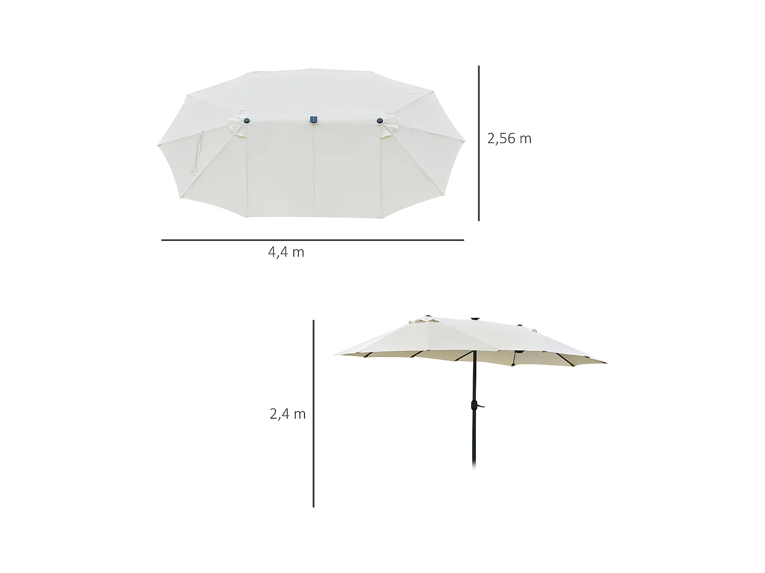 Dubbele parasol met solar LED, slinger, metalen frame, crème (440x256x240cm)