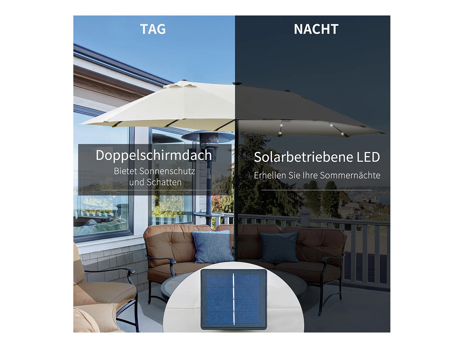 Dubbele parasol met solar LED, slinger, metalen frame, crème (440x256x240cm)