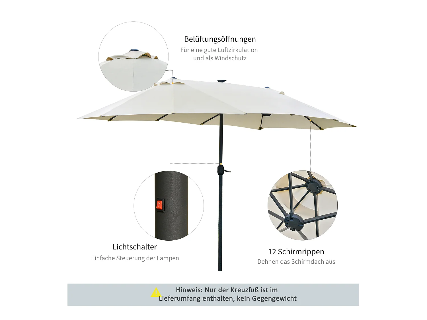 Dubbele parasol met solar LED, slinger, metalen frame, crème (440x256x240cm)