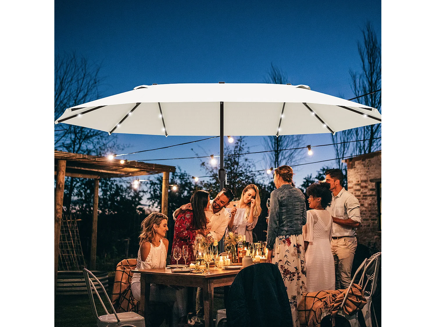 Parasol doble con LED solar, manivela, estructura de metal, color crema (440x256x240cm)