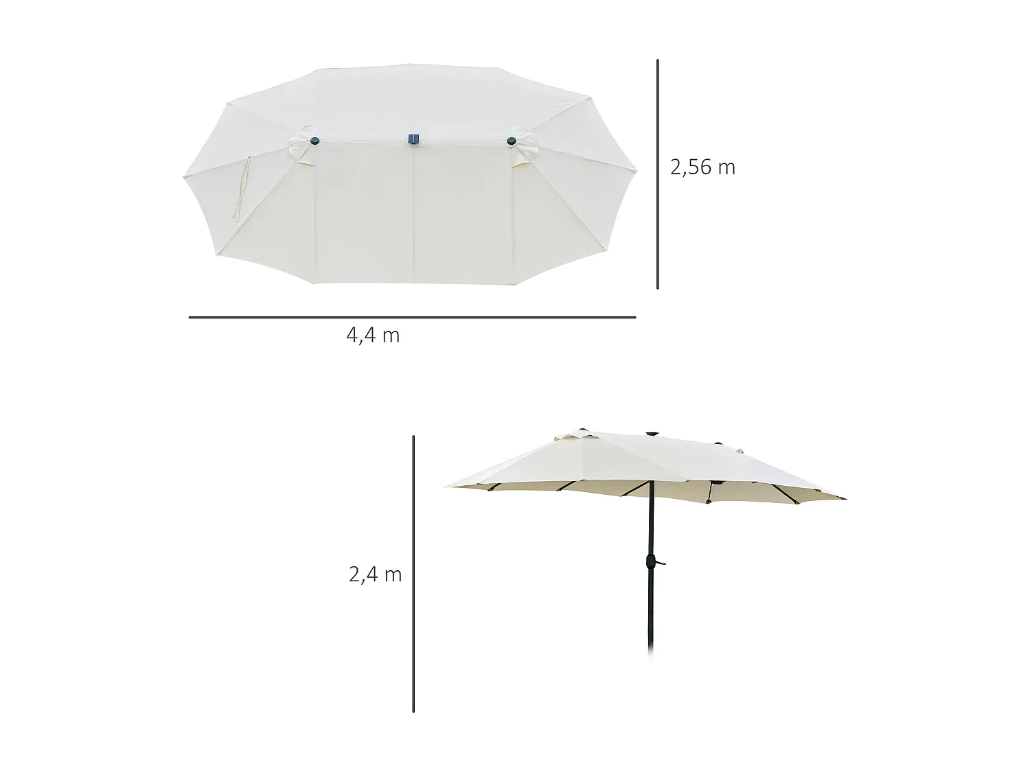 Parasol doble con LED solar, manivela, estructura de metal, color crema (440x256x240cm)