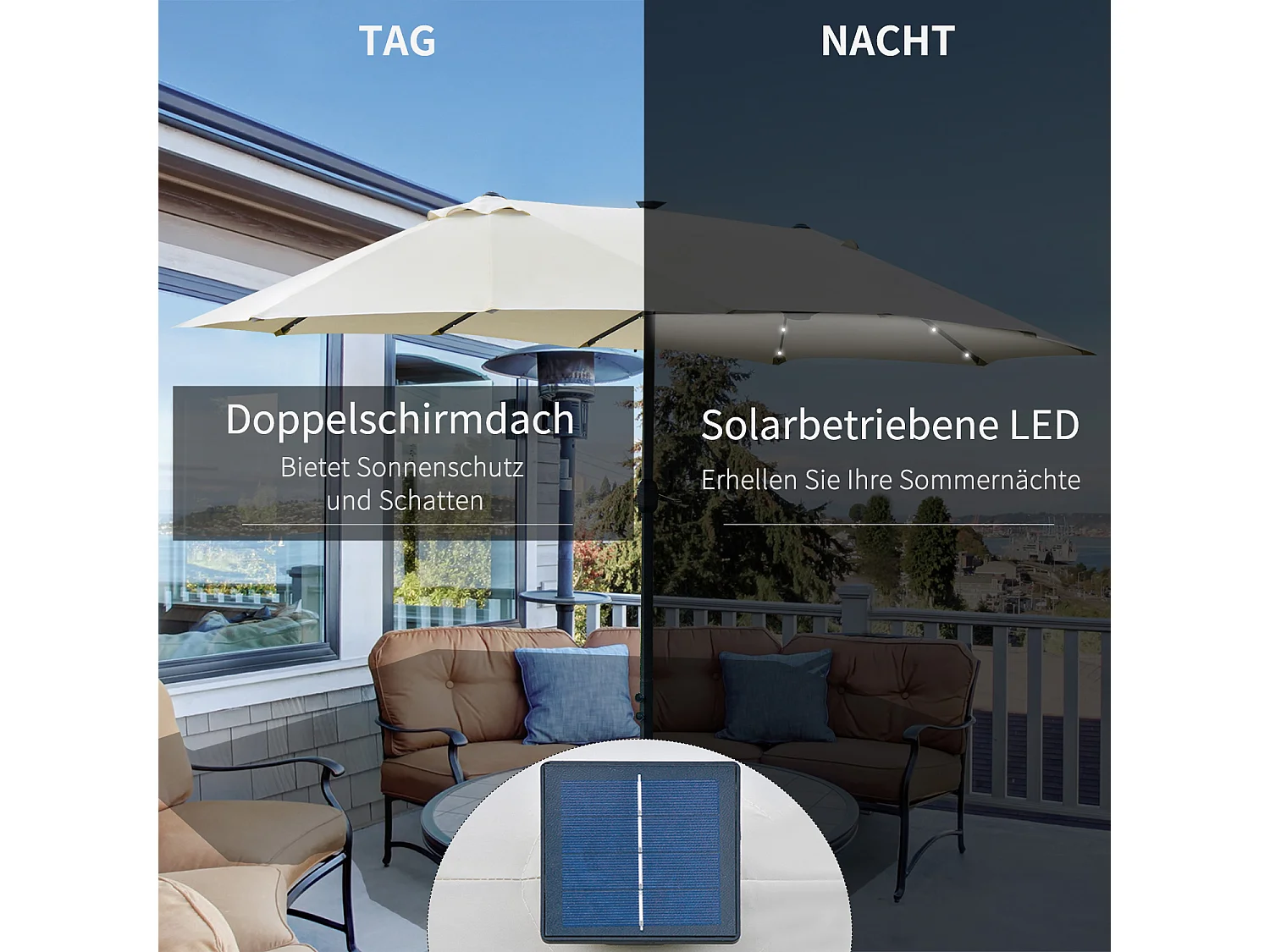 Parasol doble con LED solar, manivela, estructura de metal, color crema (440x256x240cm)