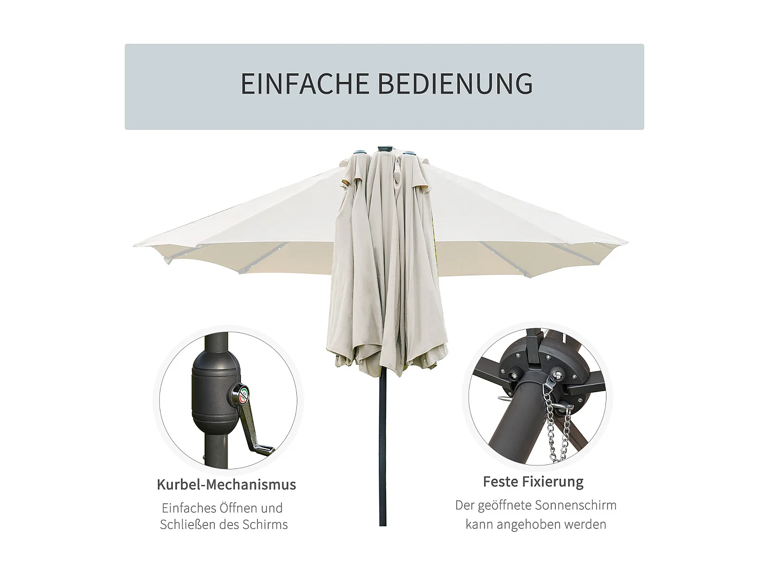 Parasol doble con LED solar, manivela, estructura de metal, color crema (440x256x240cm)