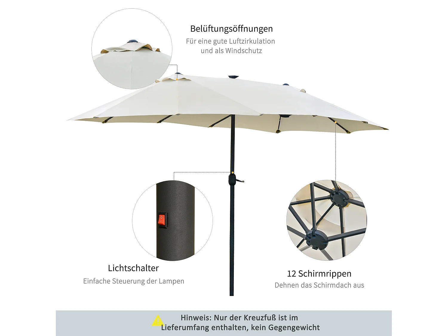 Parasol doble con LED solar, manivela, estructura de metal, color crema (440x256x240cm)