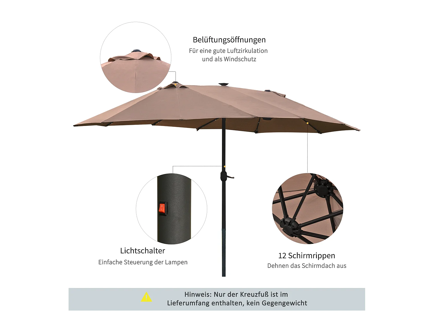 Dubbele parasol met LED, 440 x 260 cm, metaal, kaki, (440x260x240 cm)