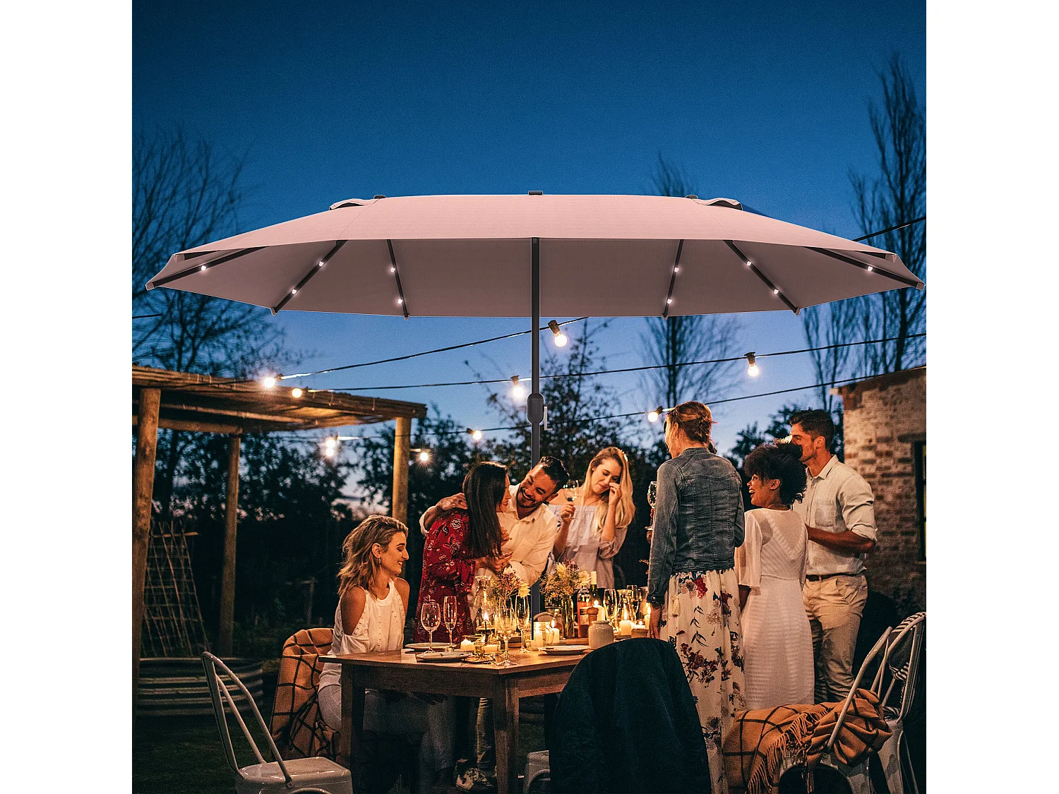 Parasol double avec LED, 440 x 260 cm, métal, khaki, (440x260x240 cm)