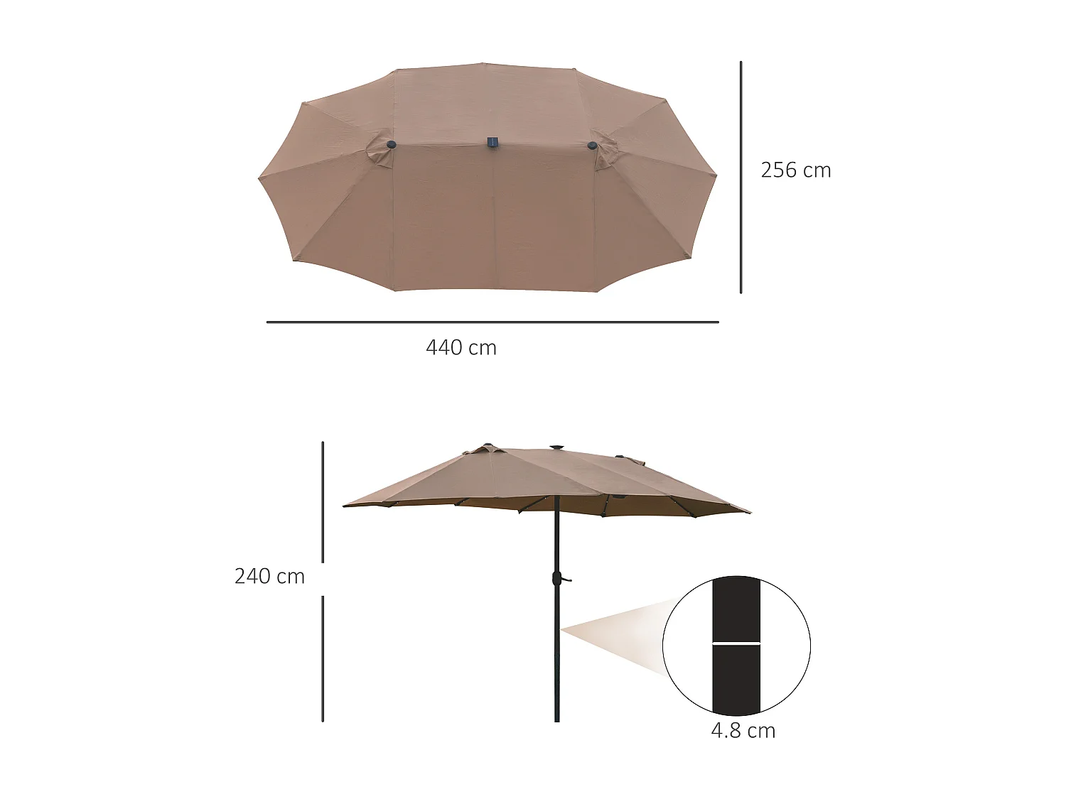 Parasol double avec LED, 440 x 260 cm, métal, khaki, (440x260x240 cm)