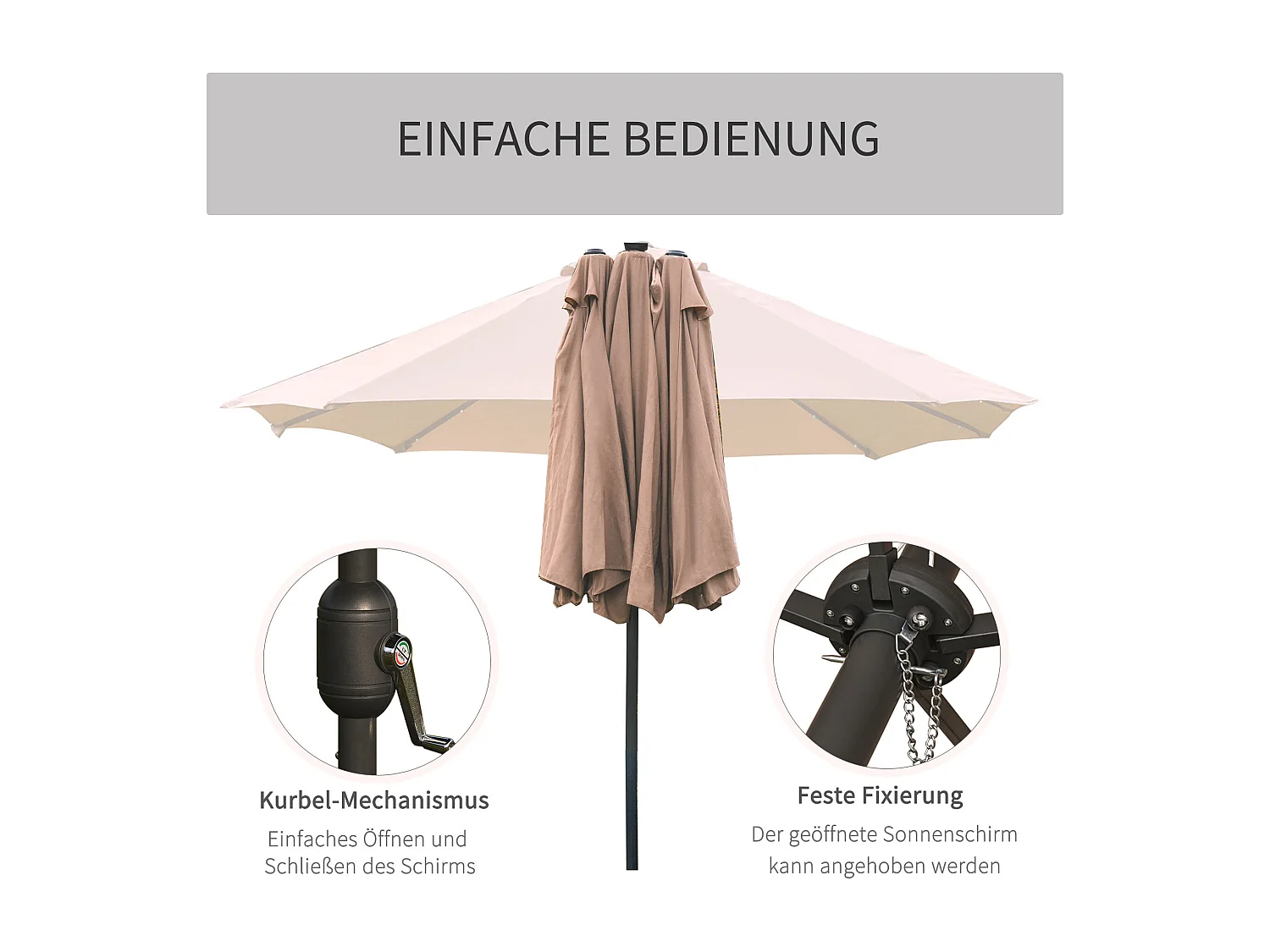 Parasol double avec LED, 440 x 260 cm, métal, khaki, (440x260x240 cm)