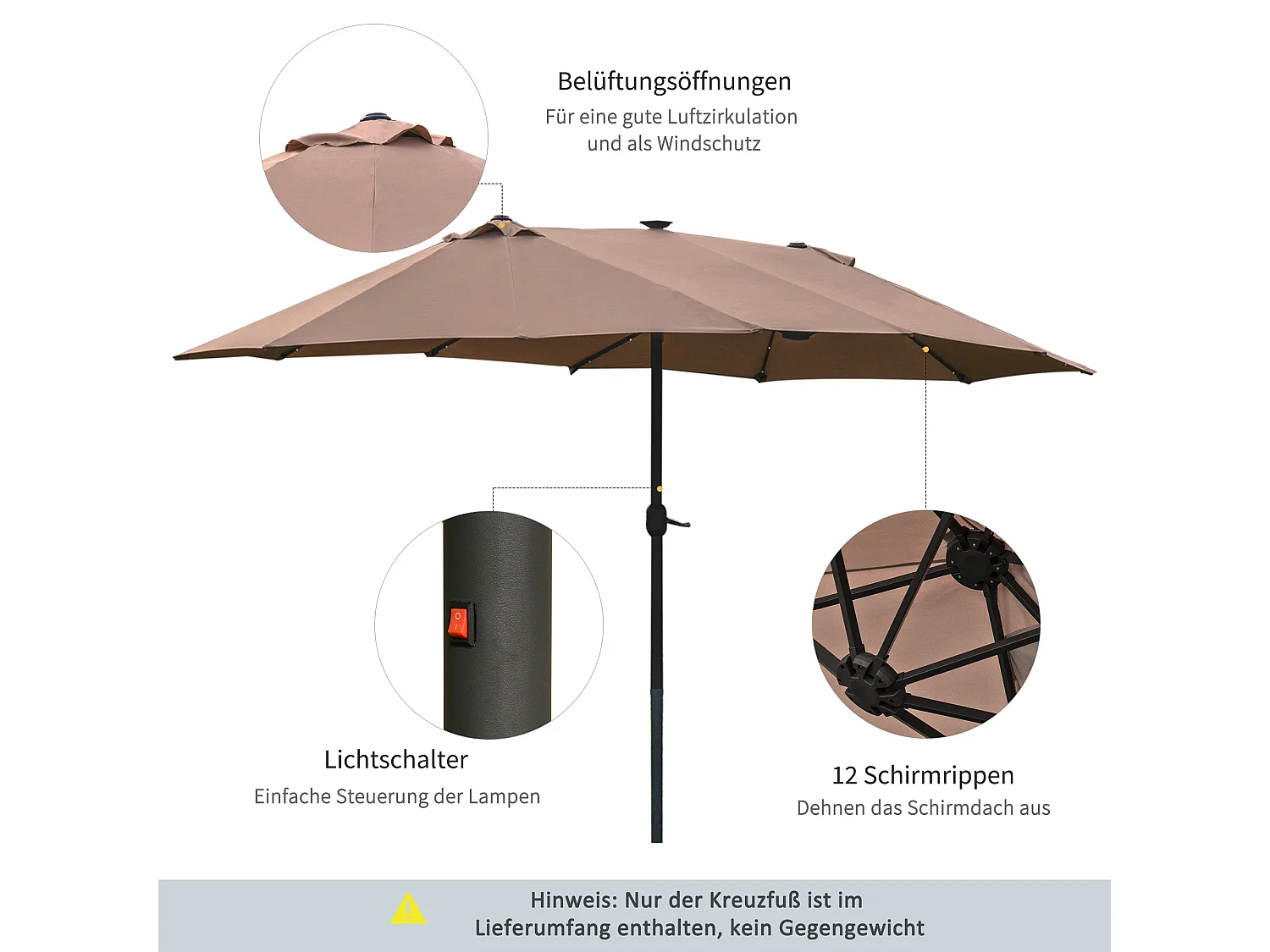 Parasol double avec LED, 440 x 260 cm, métal, khaki, (440x260x240 cm)