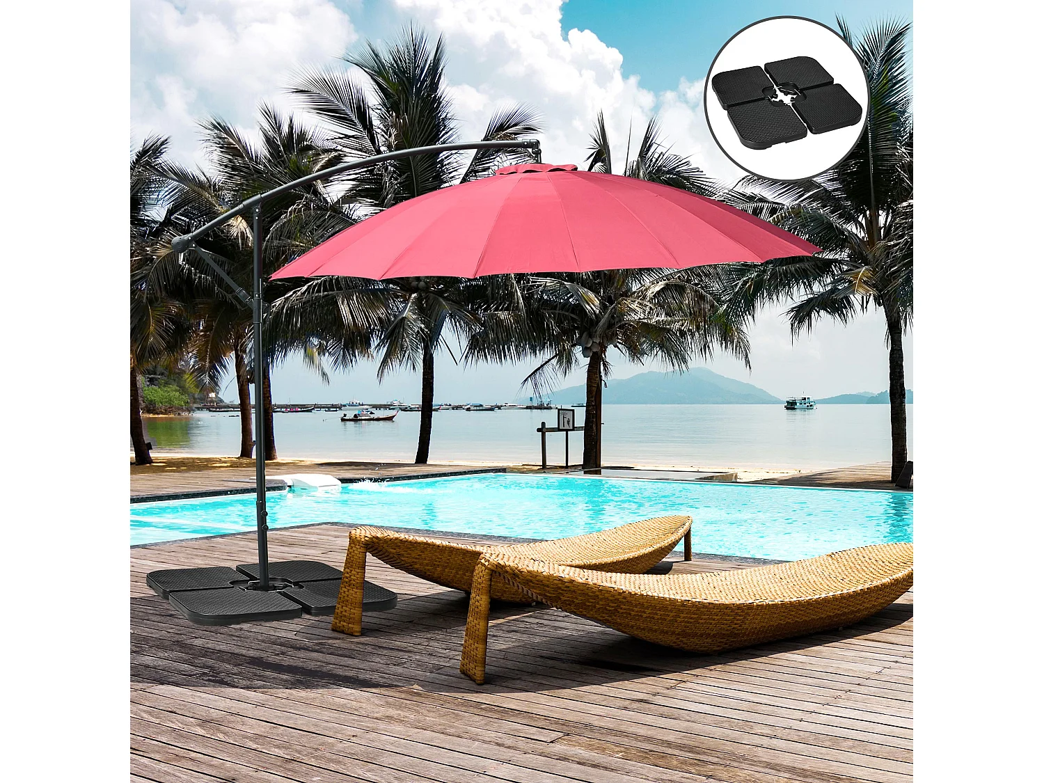 Gewichten voor zweefparasol, 4 stuks, vulbaar met 80 kg zand of 60 kg water, HDPE, zwart (100x100x8 cm)