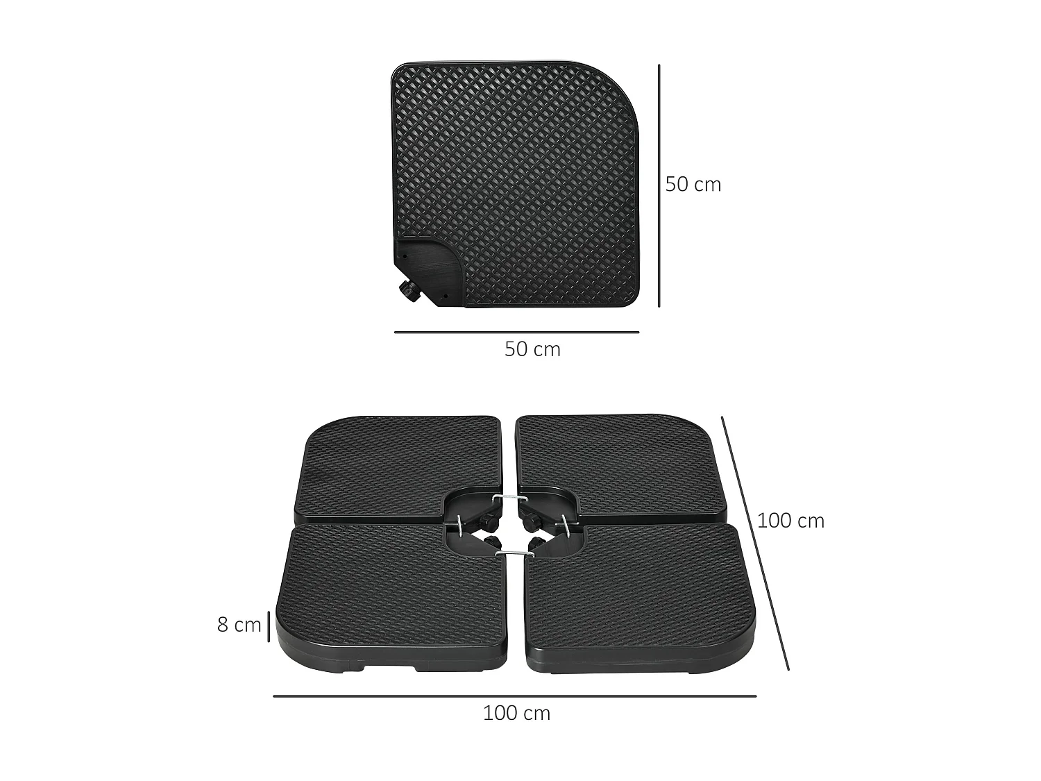 Gewichten voor zweefparasol, 4 stuks, vulbaar met 80 kg zand of 60 kg water, HDPE, zwart (100x100x8 cm)